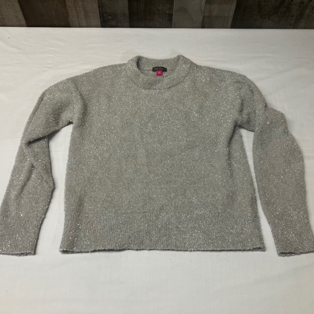 Vince Camuto Womens Silver Metallic Eyelash Sweater‎ Shimmer Fuzzy Crew Neck XS